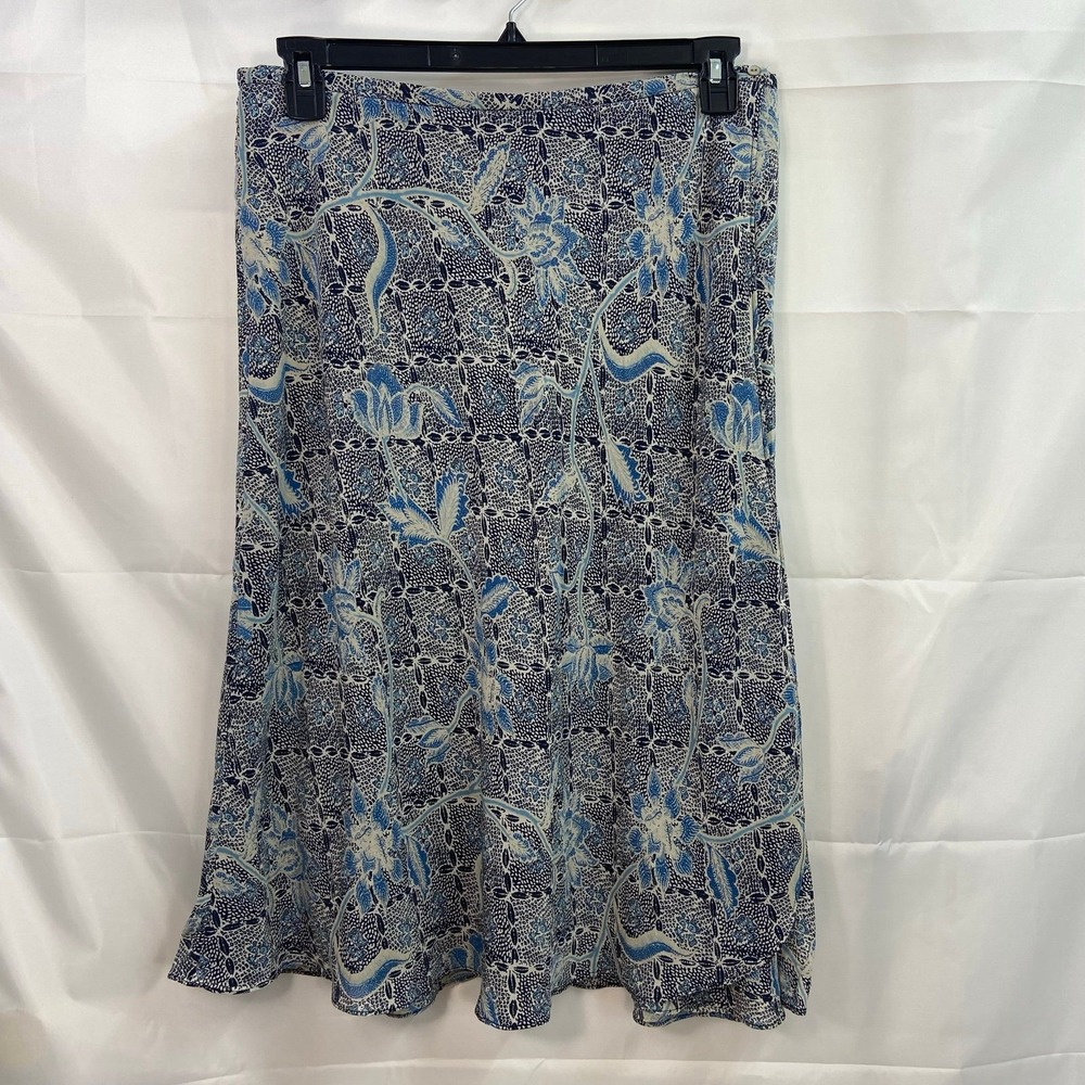 Vintage Charter Club women's blue floral wrap lined silk midi skirt flowy casual